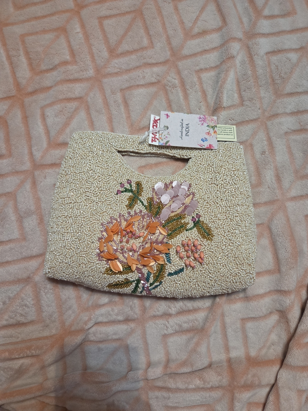 Beaded Flamingo Floral Tote Bag - Pink & Cream - Picture 2 of 3